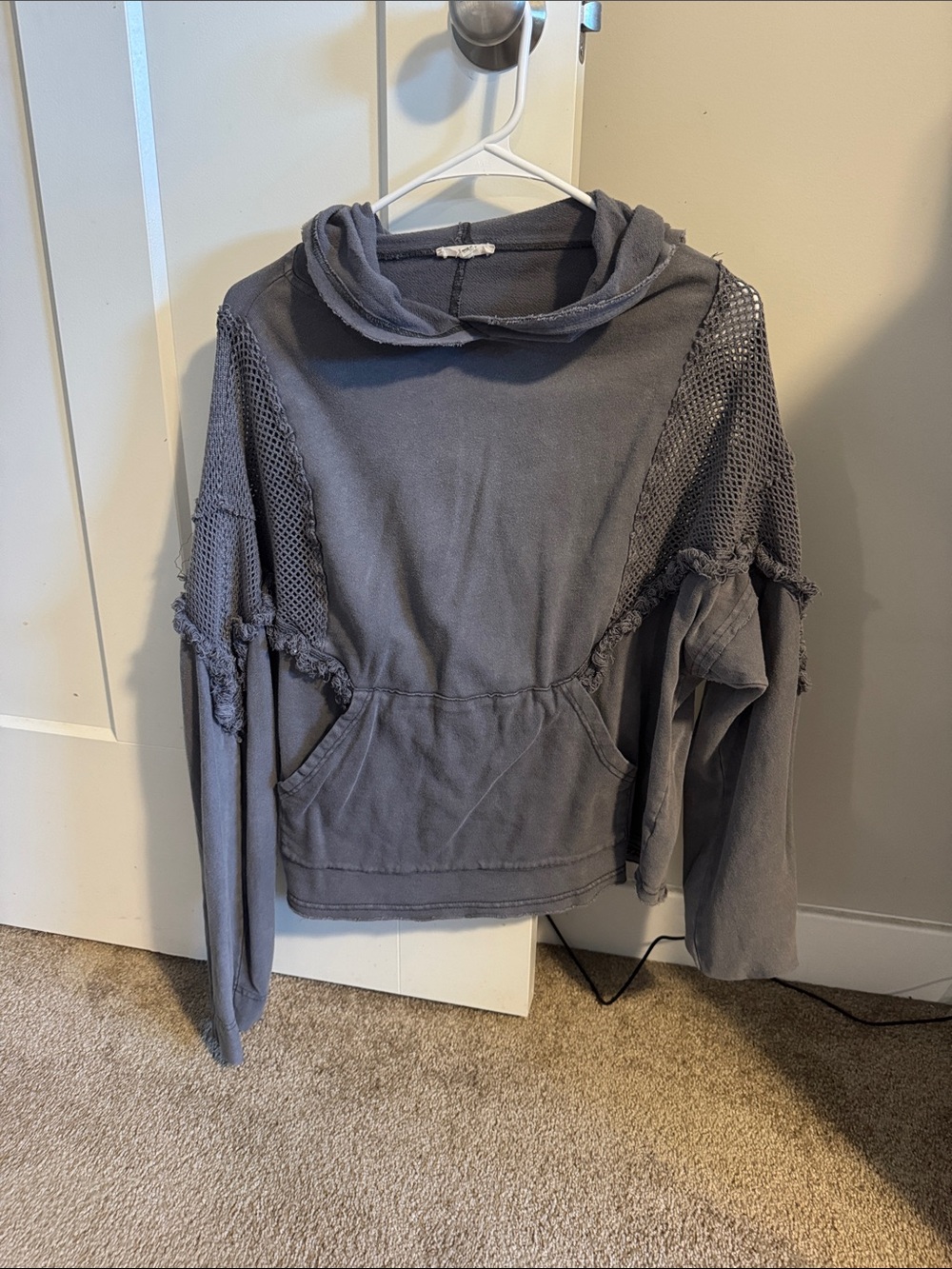 easel Distressed Gray Hooded Pullover with Mesh Sleeves